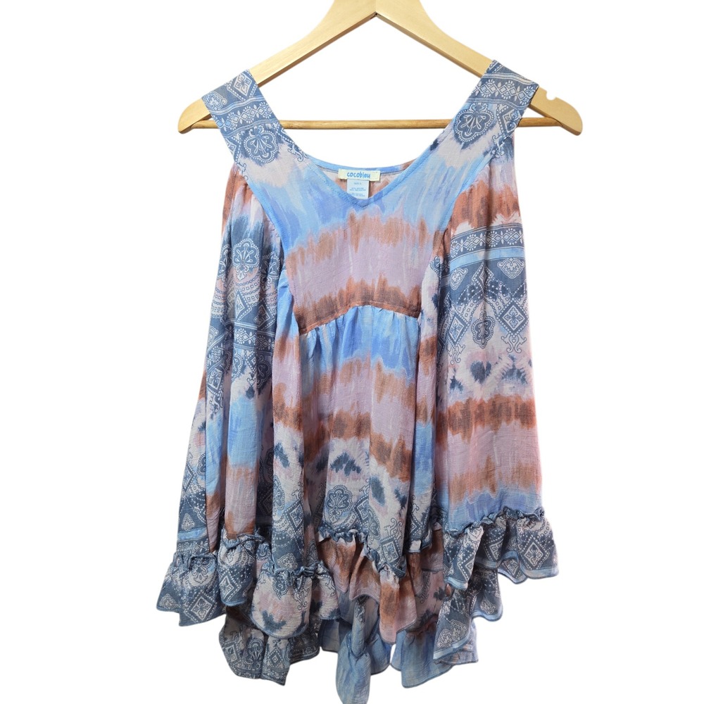 Cocobleu Boho Tie Dye‎ Ruffle Sleeveless Top Women's M Summer Beach Fun